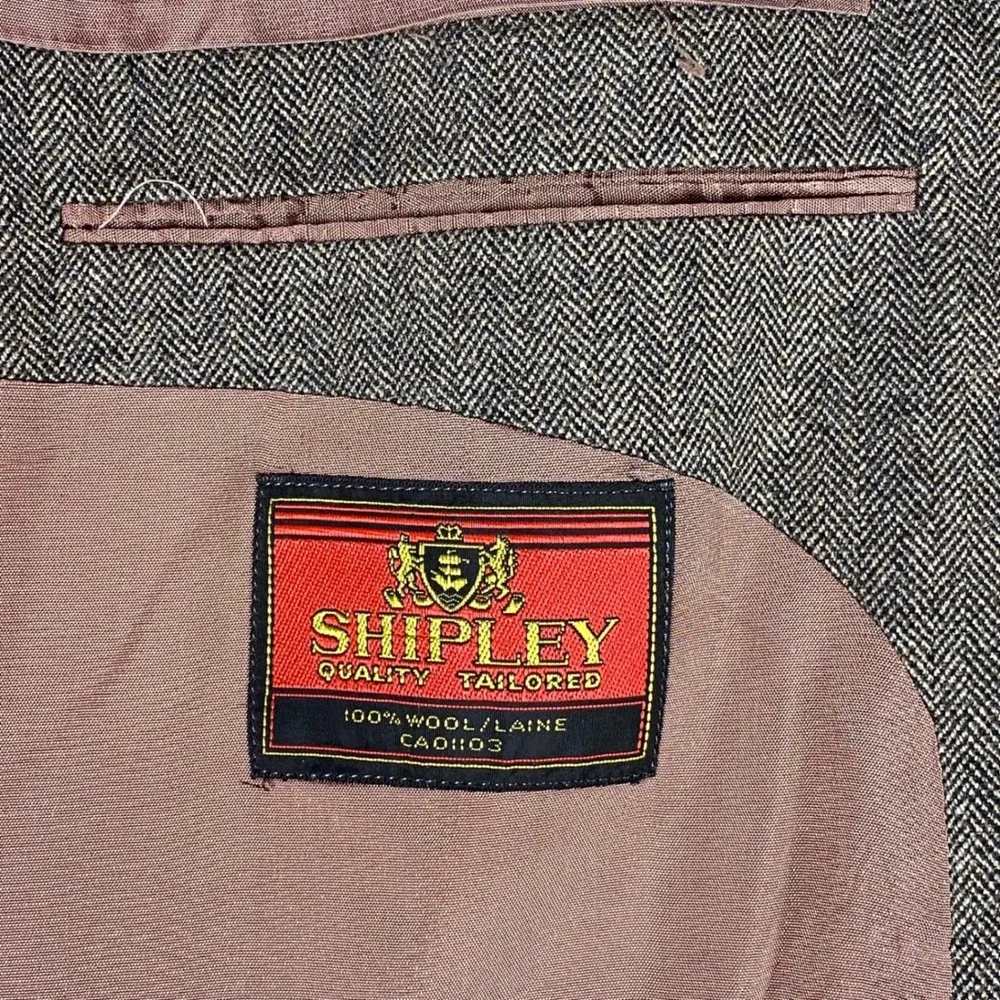 Shipley Mens Blazer 44L Brown Gray Herringbone Vintage‎ 100% Wool Sport Coat